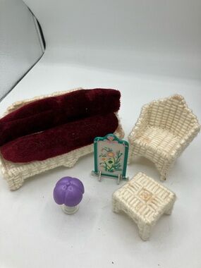 Plastic Wicker Style Doll Sofa and Chair Set with Burgundy Cushions